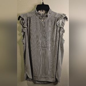 NWOT LOFT Blouse. Medium. Short ruffled sleeves. Navy Blue & White.